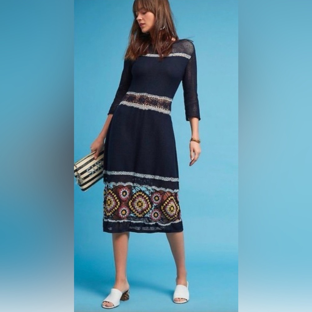 Anthropologie Harare Diana Crochet Floral Navy‎ Dress Size Medium